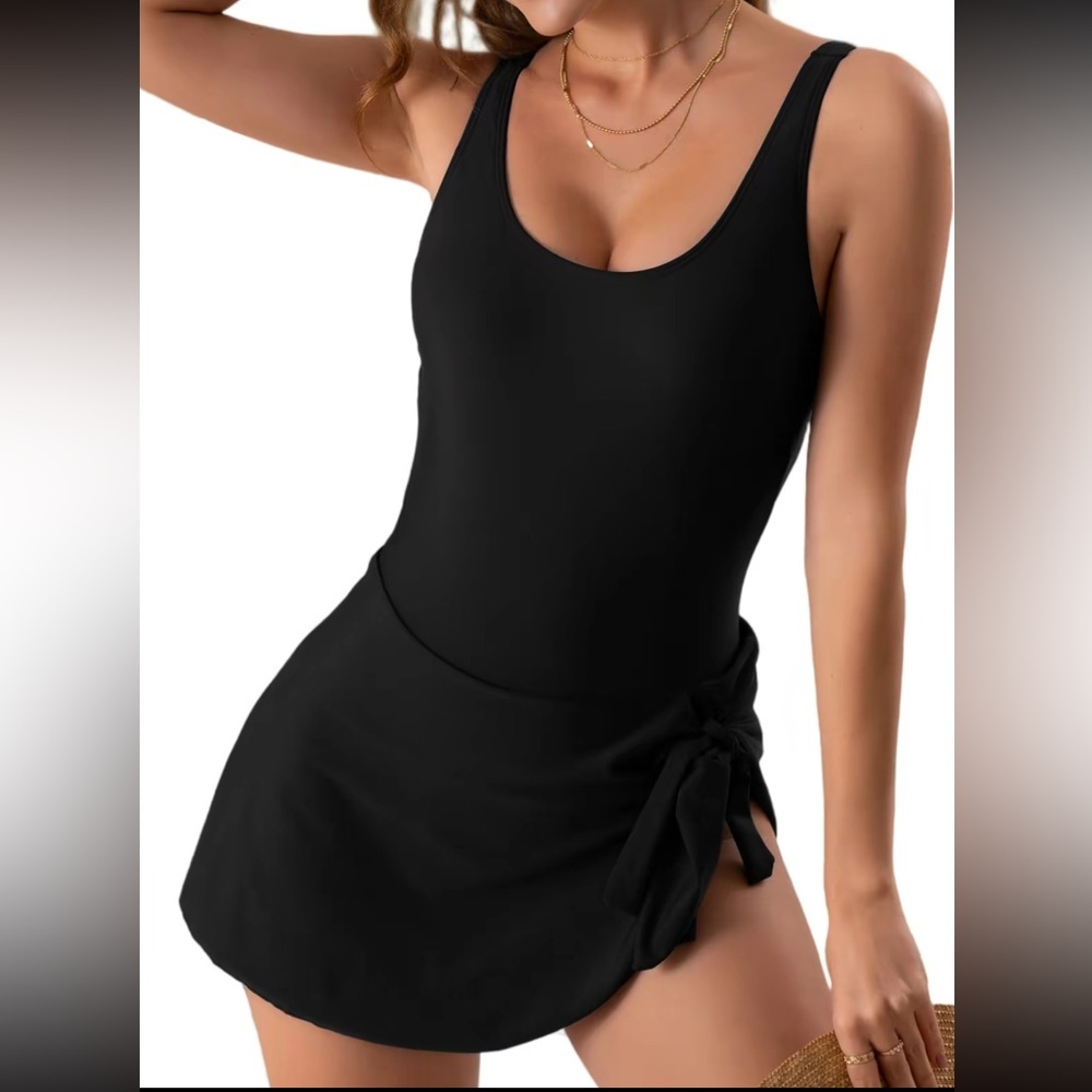 Black Women's Scoop Neck Swimdress with Side Tie and Tummy Control